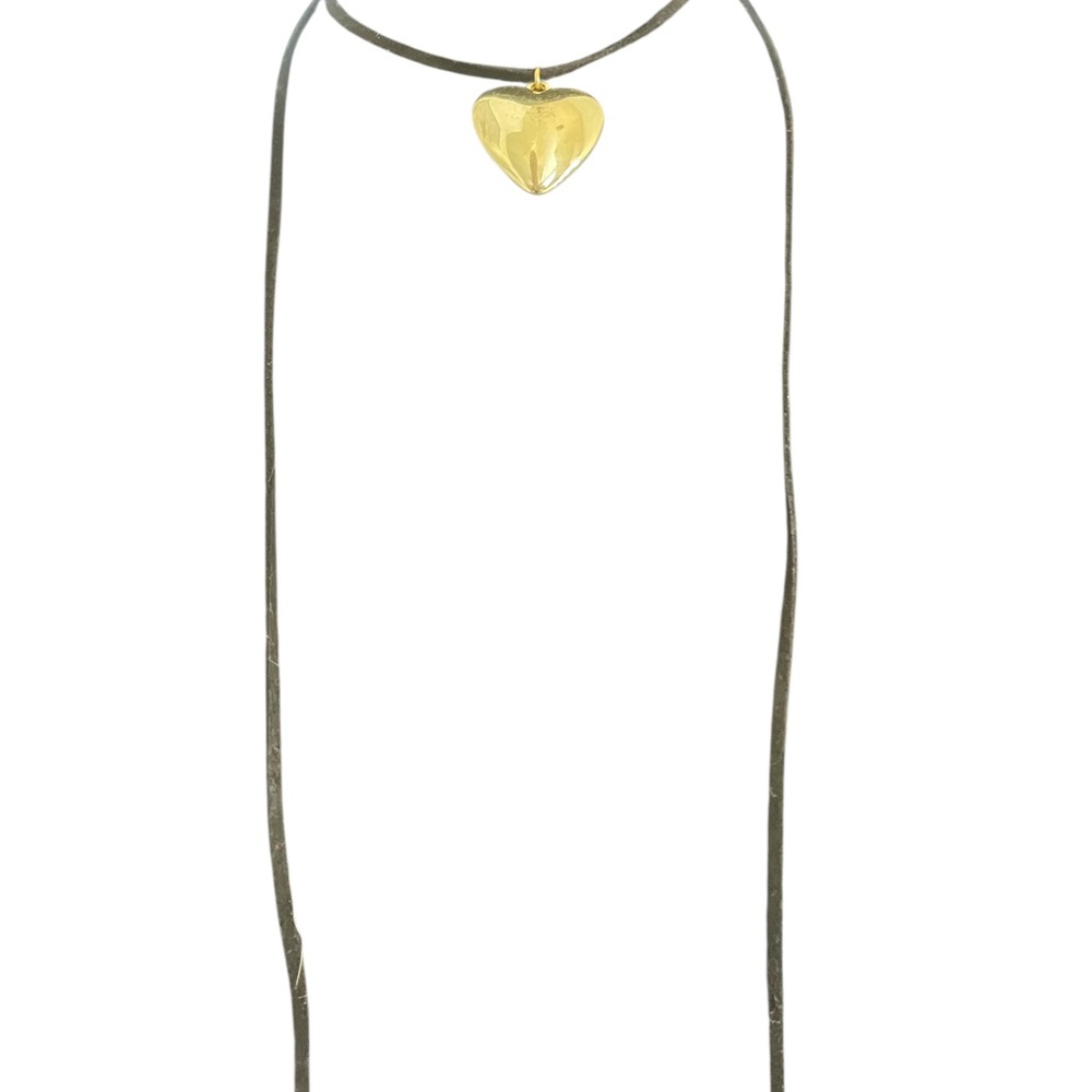 Puffy Gold Heart,Black straps Adjustable Choker Necklace - Picture 2 of 4